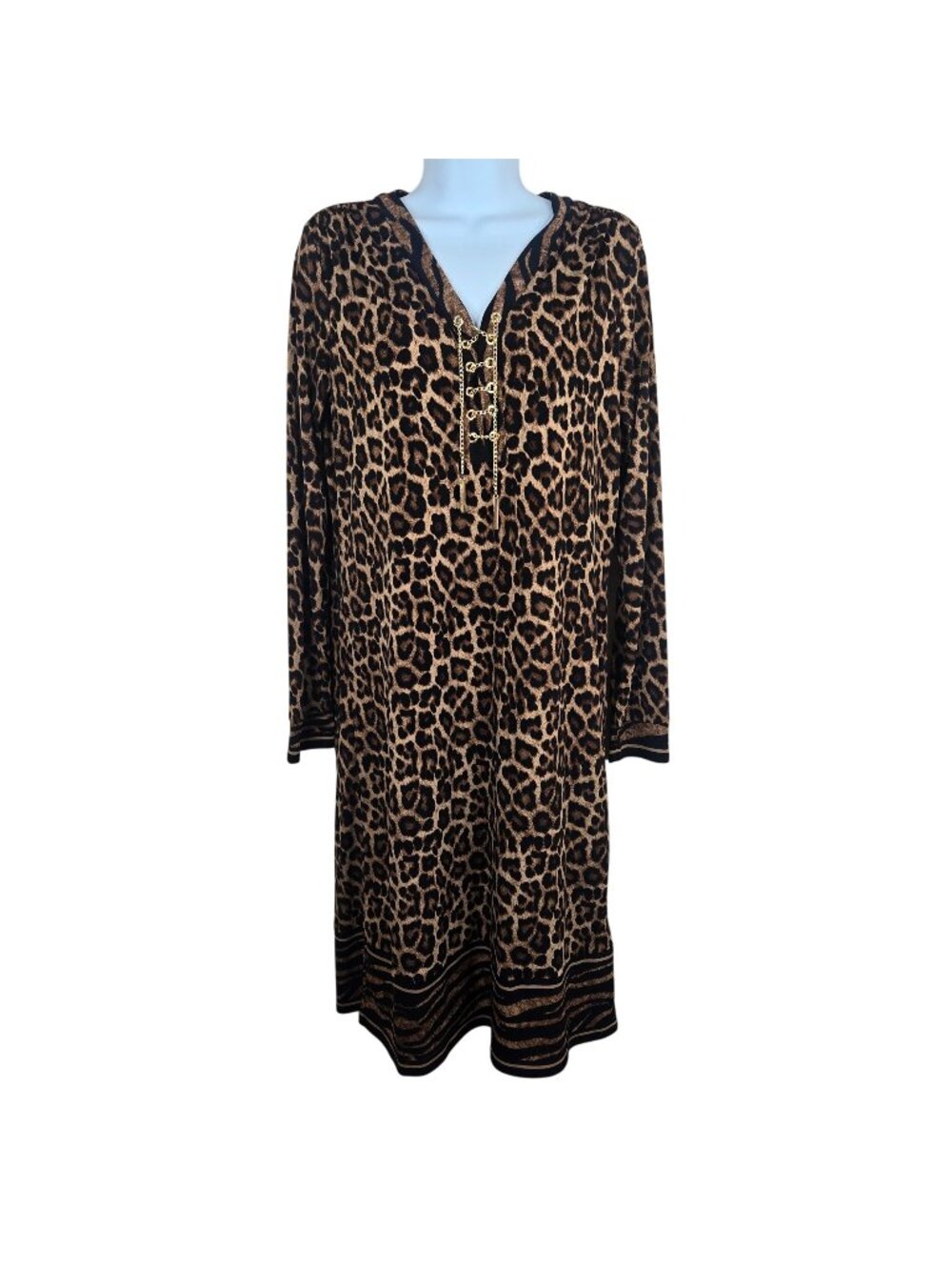 Michael Kors Leopard Print Long Sleeve Tunic Dress Gold Chain Womens S Black Bro